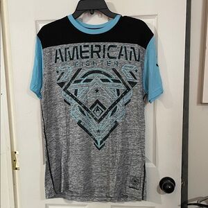 American Fighter Men's Black, Gray, and Blue Tee. Size L